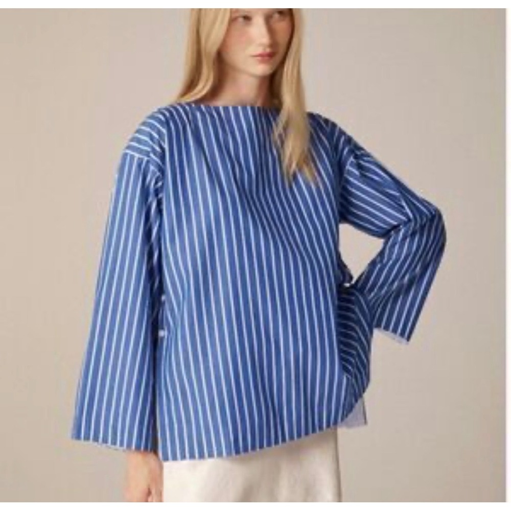 J Crew Regenerative‎ Cotton Striped Boatneck Top Blue White Side Button Small